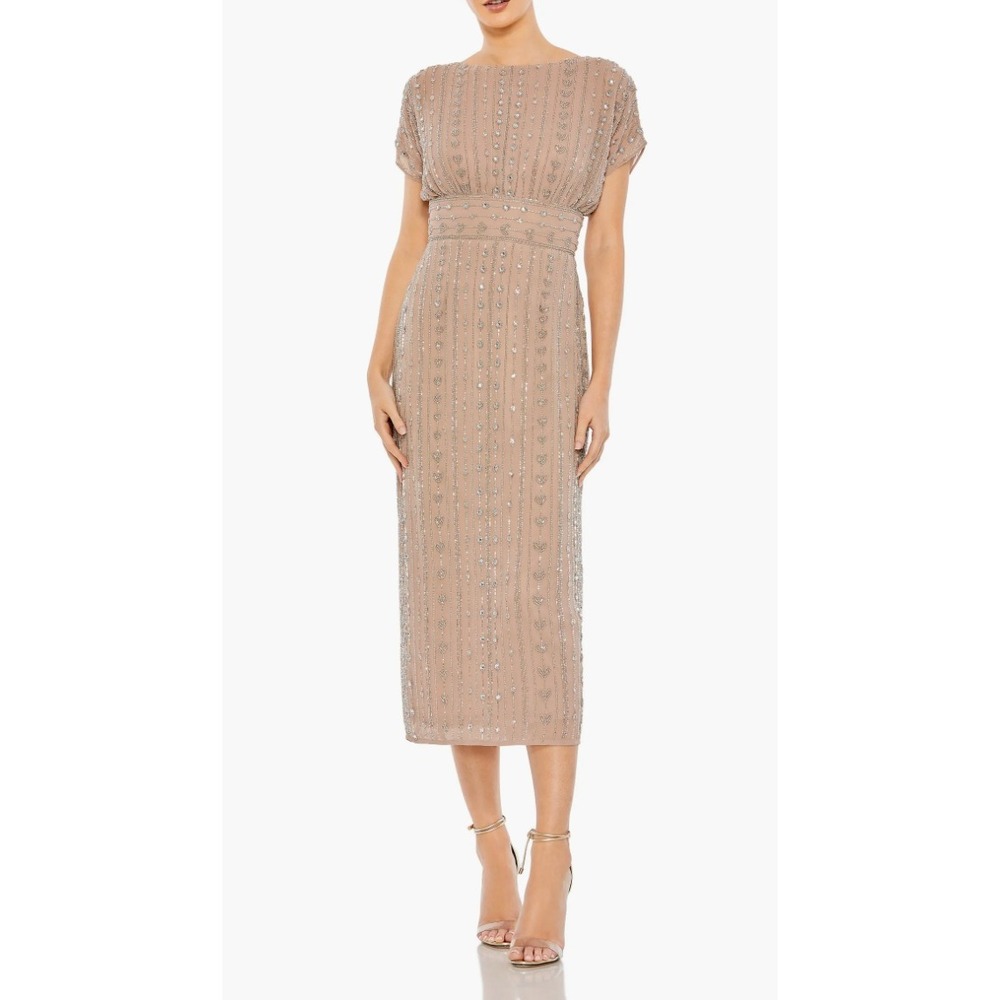 Mac Duggal Beaded Midi Dress 10 Nude Crystal Embellished Wedding Guest Formal